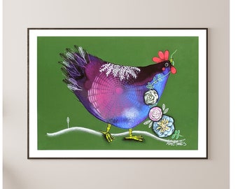 Chicken painting, whimsical art print for chicken lovers, chicken wall art, farm kitchen decor