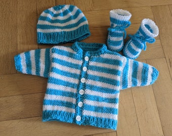 3 delen Babyset breiset eerste set Gr. 56 turkoois wit