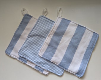 Set van 3 washandjes dubbellaags zero waste 20 x 20 cm blauw wit