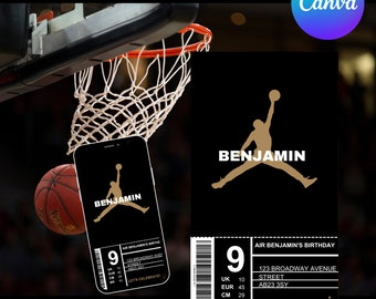 JORDAN JAM INVITATION Oro/ Invitación a fiesta de baloncesto / Invitación de aros para niños / Invitación de baloncesto para niños / Cumpleaños editable digital svg