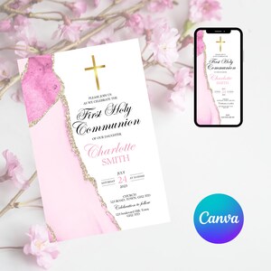 HOLY COMMUNION INVITATION Template | First Holy Communion invite | Girl Communion Invite Download | Girl Invitation Pink Text Invite|Digital