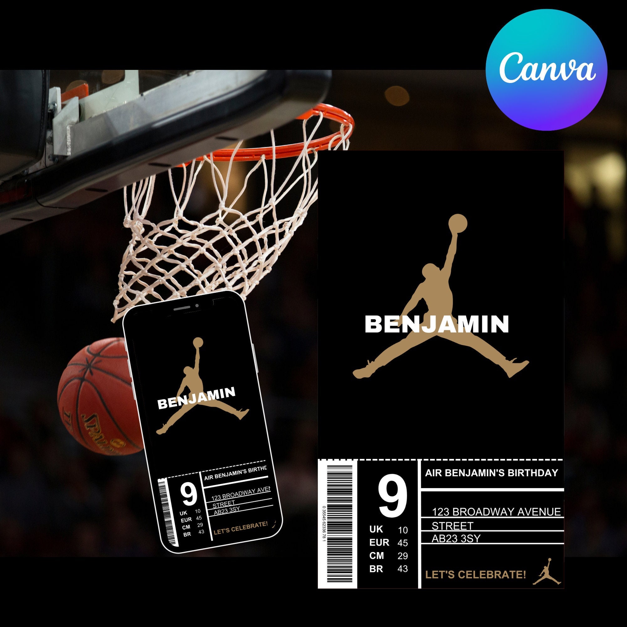 INVITACIÓN DE BALONCESTO JUMPMAN Oro / Invitación a fiesta de baloncesto / Invitación de aros para niños / Invitación de baloncesto para niños / Cumpleaños digital svg