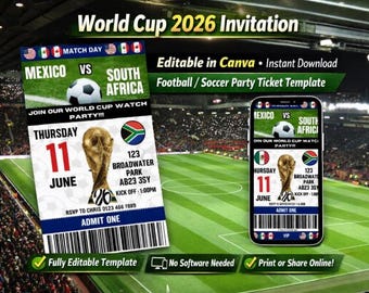 World Cup 2026 Football Invitation | Editable Canva Template | Soccer Birthday Invite | Football Party Digital Download | Ticket Style