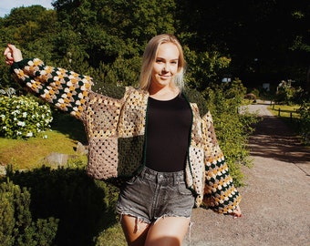 the Cottagecore Dream - oversized patchwork crochet cardigan with puffy sleeves, Made to Order and customizable item