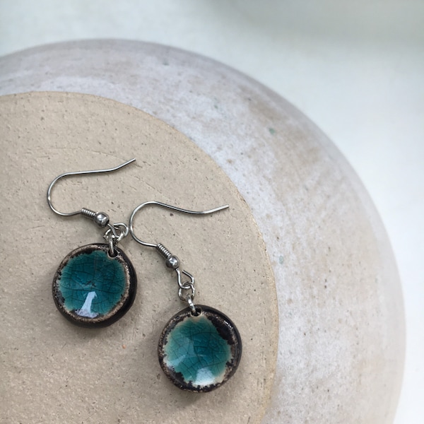 Made By Naiuk Ceramics - Beautiful handmade ceramic drop earrings with a crazed glass or glazed centre. Available in different shades.