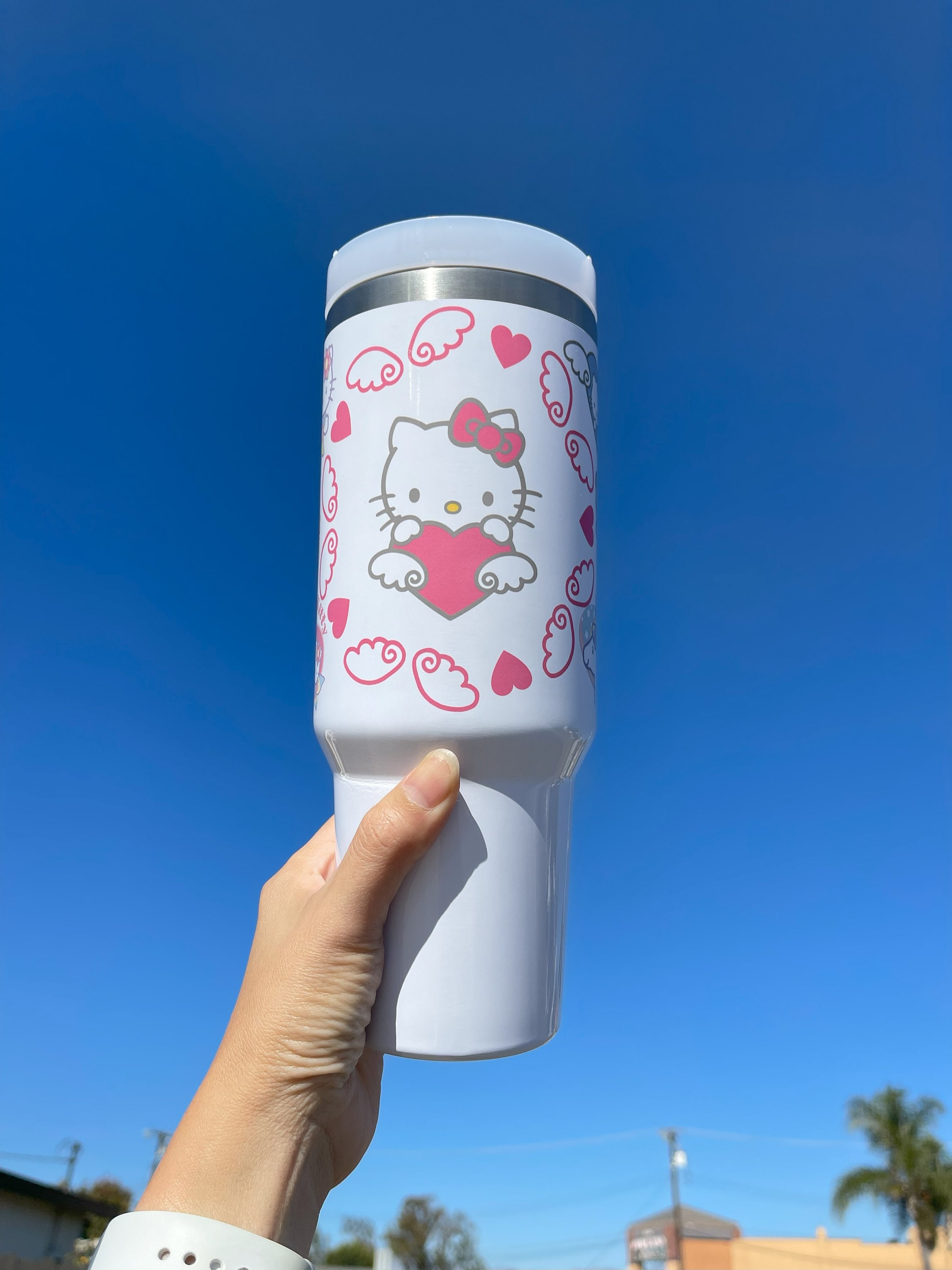 Hello Kitty Valentines Day Stanley Cup Dupe 40 Oz Pink Valentines Day Gift  For Her Pink Cat Cartoon Stainless Steel Tumblers With Handle Sanrio 40Oz  Quencher Tumbler - Laughinks
