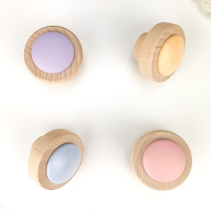 Può includere: Quattro pomelli in legno con centri di colori diversi. I pomelli sono di colore marrone chiaro con un centro viola chiaro, blu chiaro, rosa chiaro e arancione chiaro.