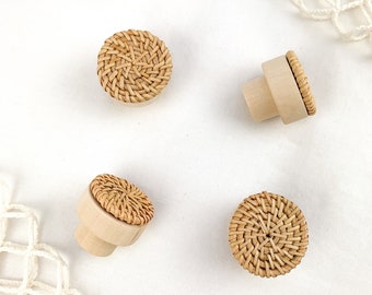 Round furniture knob made of wood and rattan / furniture handle for children's room