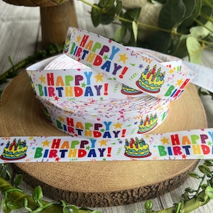 Fita de gorgorão com estampa de arco-íris de feliz aniversário, fita de feliz aniversário, fita para artesanato, fita de cores brilhantes, fita para decoração
