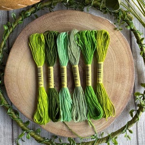 May include: Six spools of green embroidery floss, arranged in a gradient from dark green to light green, on a wooden plate. The spools are labelled with numbers: 704, 704, 766, 768, 702, and 907.
