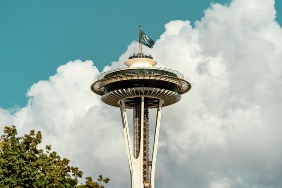 Seattle Kraken Flag Over The Space Needle Etsy