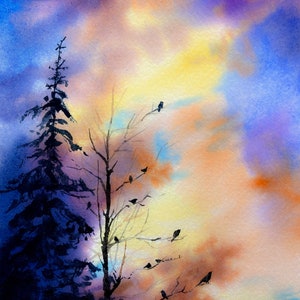 Birds at Sunset fine art watercolor print