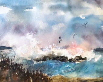 Zeegezicht Crashing Wave Seagulls aquarel giclee kunstprint