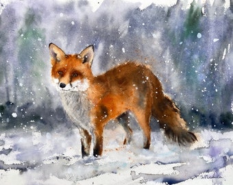 Snowy Fox watercolor giclee art print Winter Fox