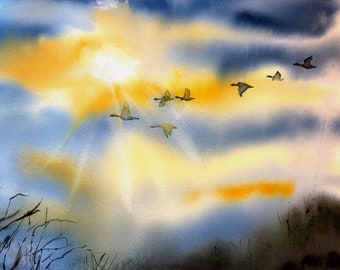 Geese in flight fine art watercolor print