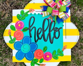 Colorful Spring Summer door hanger - welcome door hanger - family name door hanger - hello door hanger