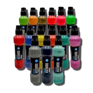 May include: A collection of 16 colorful paint markers with black caps. The markers are labeled "GREG SQUEEZER 10 FMP".
