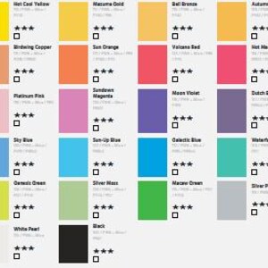 Puede incluir: Una carta de colores con 20 colores de pintura, cada uno con un nombre y un sistema de calificaci&oacute;n. Los colores incluyen Amarillo Fresco, Oro Mazuma, Naranja Sol, Rosa Platino, Azul Cielo, Verde Oce&aacute;nico, Perla Blanca y Negro.