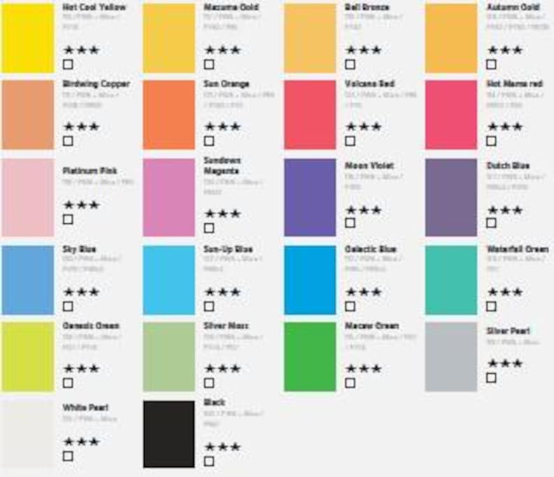 Puede incluir: Una carta de colores con 20 colores de pintura, cada uno con un nombre y un sistema de calificaci&oacute;n. Los colores incluyen Amarillo Fresco, Oro Mazuma, Naranja Sol, Rosa Platino, Azul Cielo, Verde Oce&aacute;nico, Perla Blanca y Negro.