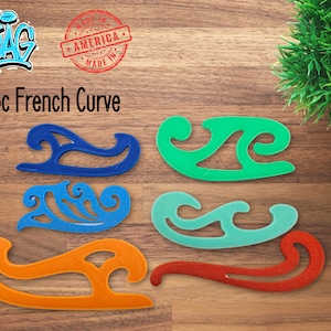 May include: Six French curve rulers in various colors: blue, green, orange, and red. The text "6pc French Curve" is displayed above the rulers. The image also includes a "Made in America" stamp and a graffiti-style logo.