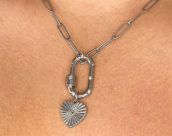 Heart Lock Charm Necklace, Chunky Chain with Vintage-Inspired Silver Heart Pendant, Unique Edgy Jewelry for Layering Gift for Her