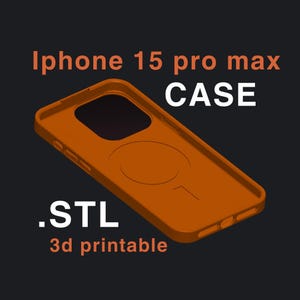 May include: Orange 3D printed iPhone 15 Pro Max case. STL file included. 3d printable.