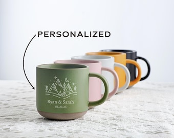 Personalized Camp Mug with Text, Engraved Coffee Mug, Natural and Unglazed Base, Couple Anniversary Gift, Engraved Mug, Ceramic Travel Mug