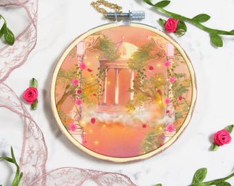 Lover's Chateau ~ Embroidery Hoop Print | Romantic Wall Art, Lovecore Room Decor, Floral Art, Whimsical Illustration, Garden Scenery