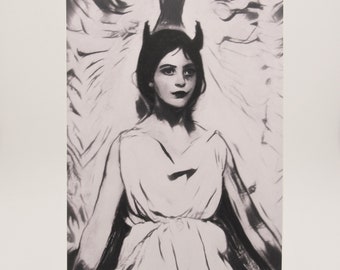 Mythical Demon Angel | Altered Art Print, Dark Academia, Fantasy, Woman Illustration, Halloween Aesthetic, Gift for Her
