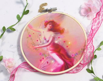 Love Maiden - Embroidery Hoop Print | Valentine Aesthetic, Lovecore Decor, Romantic Illustration, Cute Gifts, Floral Wall Art, Cottagecore
