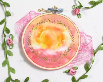 Lovecore Pastel Sun ~ Lovely Embrace - Embroidery Hoop Print | Romantic Wall Art, Dreamy Illustration, Whimsical Gifts, Cute Room Decor