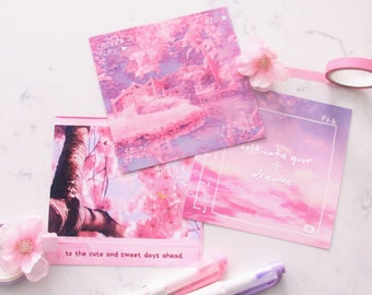 Set of 3 Kawaii Retro Art Prints | w/ Display Stand, Fairycore Aesthetic, Cute Mini Posters, Lovecore, Gifts for Her, Cherry Blossoms, Y2K