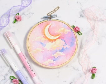 Cute Celestial Art Print - Embroidery Hoop Art | Pastel Wall Hanging, Whimsical Room Decor, Small Gift Ideas