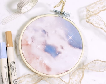 Mystic Celestial Art Print - Embroidery Wall Hanging, Boho Rustic Wall Art, Muted Blue Aesthetic, Pale Room Aesthetic