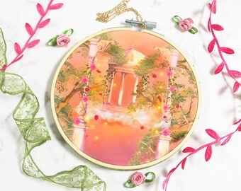 Whimsical Scenery ~ Lover's Chateau - Embroidery Hoop Print | Romanticism, Lovecore Room Decor, Botanical Wall Art, Sunset Illustration