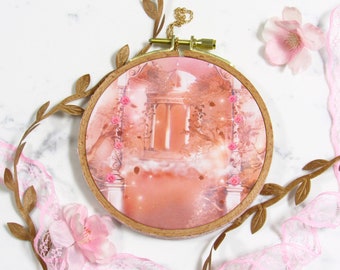 Rustic Lovecore - Embroidery Hoop Print - Lover's Chateau | Romantic Wall Art, Cute Room Decor, Botanical Illustration, Whimsical Scenery