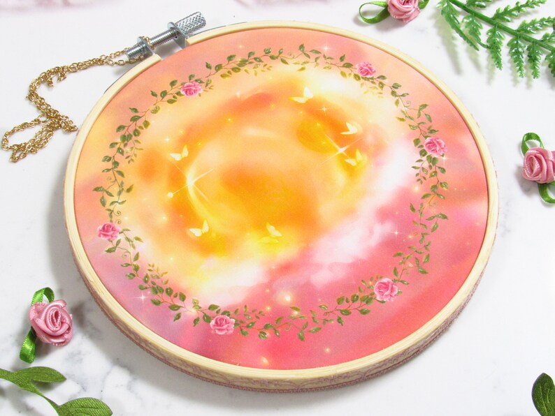 Lovely Embrace ~ Lovecore Pastel Sun - Embroidery Hoop Print | Romantic Wall Art, Cute Room Decor, Whimsical Scenery, Dreamcore Aesthetic image 2