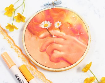 Whimsical Daisy - Embroidery Hoop Print | Floral Illustration, Celestial Art, Aesthetic Girl, Cute Room Decor, Fairycore, Pastel Orange