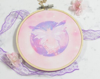 Whimsical Fairy Art - Embroidery Hoop Print | Fairycore, Celestial Room Decor, Pastel Purple Art, Cute Fairy Finds, Mystical Gifts
