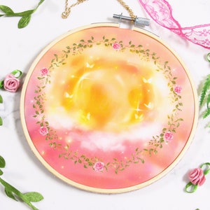 Lovely Embrace ~ Lovecore Pastel Sun - Embroidery Hoop Print | Romantic Wall Art, Cute Room Decor, Whimsical Scenery, Dreamcore Aesthetic image 1