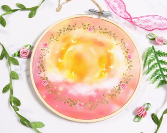 Lovely Embrace ~ Lovecore Pastel Sun - Embroidery Hoop Print | Romantic Wall Art, Cute Room Decor, Whimsical Scenery, Dreamcore Aesthetic