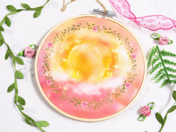 Lovely Embrace ~ Lovecore Pastel Sun - Embroidery Hoop Print | Romantic Wall Art, Cute Room Decor, Whimsical Scenery, Dreamcore Aesthetic