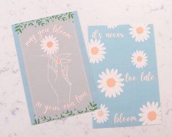 Cute Minimalist Floral Art Prints - May You Bloom | Set of 2 Aesthetic Green Posters, Daises Line Art Illustration, Inspirational Quotes,