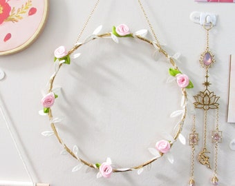 Cute Pastel Floral Wreath | Fairycore, Botanical Wall Hangings, Pink Mini Roses, Pink Room Decor, Kawaii Aesthetic