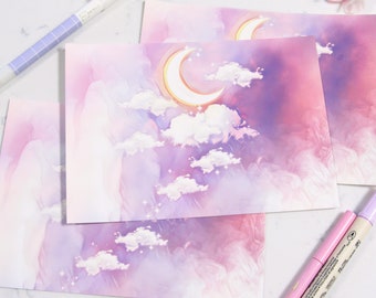 Dreamy Celestial Art Print | Light Purple Sky, Mystical Wall Hangings, Whimsical Illustration, Dorm Room Decor, Fantasy, Kawaii Gifts