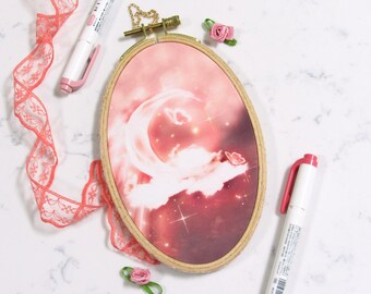 Stars & Butterflies - Embroidery Hoop Print | Moon Illustration, Fairycore Wall Hangings, Cute Gifts, Pastel Room Decor, Whimsical Scenery