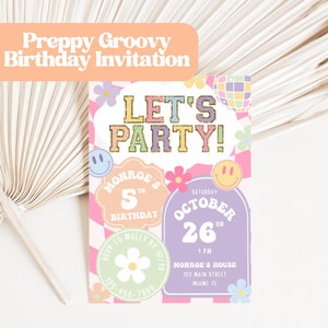 Invitación con letra de parche, invitación elegante, descarga instantánea, invitación de cumpleaños con parche universitario retro, cumpleaños retro elegante, GRV10
