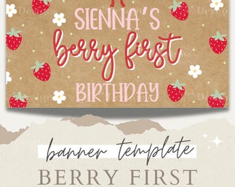 Bearbeitbare Bannervorlage zum ersten Geburtstag mit Beerenmotiv – Bearbeitbares Canva-Design – Digitaler Download für eine Erdbeer-Geburtstagsparty zum 1. Geburtstag