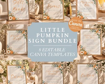 Puede incluir: Un paquete de ocho letreros editables para eventos con un diseño de borde floral y calabazas. Cada letrero muestra texto en una fuente cursiva de color cobre, incluyendo títulos como Gifts & Books, Favors, Momosa Bar, Pacifier Hunt, Message from the Bump, Sweet, Late Night Diapers y Custom Sign.