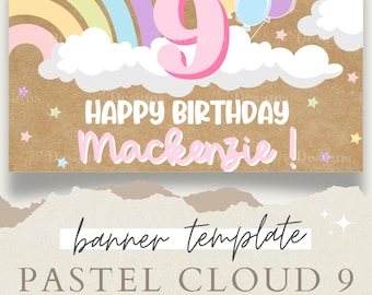 Pastel Cloud 9 Painted Banner Template - Editable Canva Design - 9th Birthday Party Digital Download